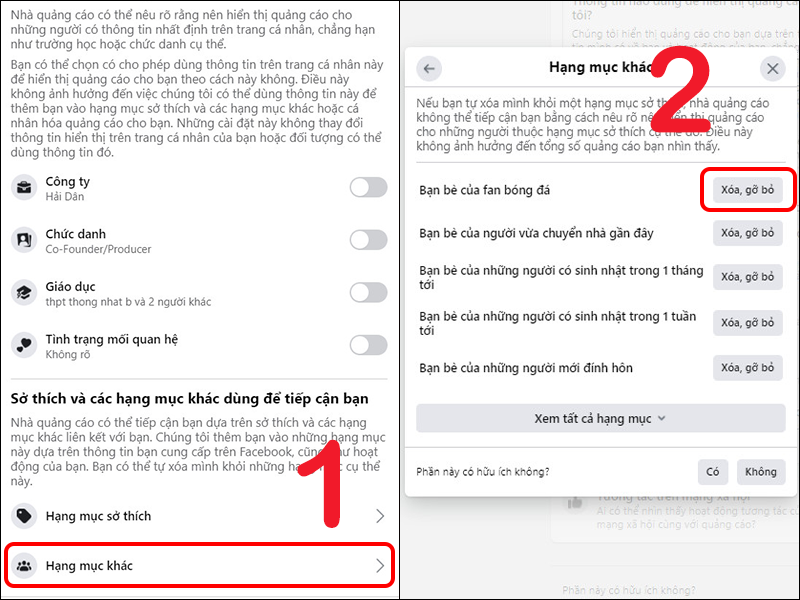 Xóa các hạng mục không muốn nhận quảng cáo